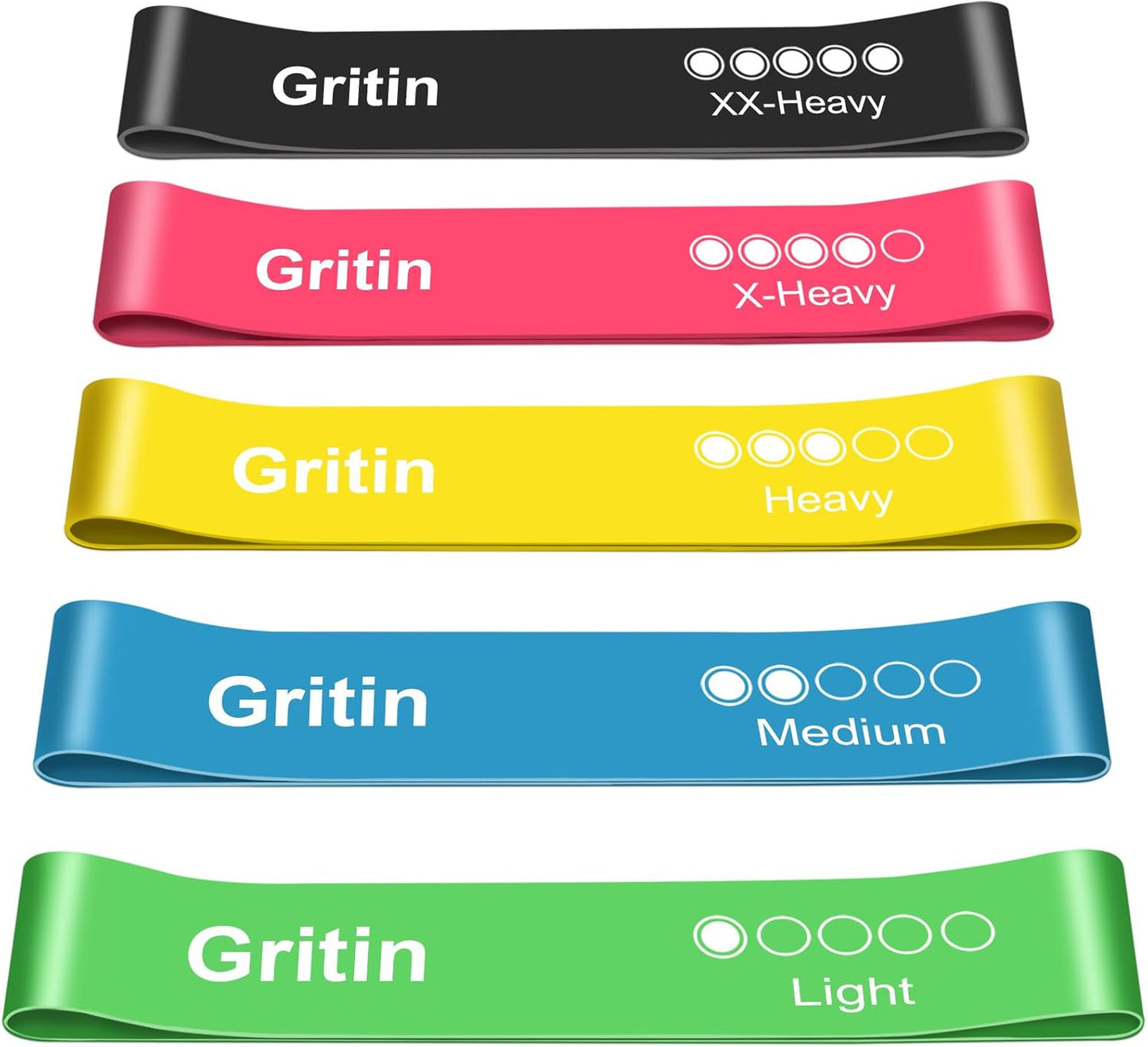 Gritin Fitnessbänder Widerstandsbänder mit 5 Stufen, Latex Fitnessband Resistance mit Deutscher Übungsanleitung & Tragebeutel, Gymnastikband für Muskelaufbau, Yoga - 5er Set