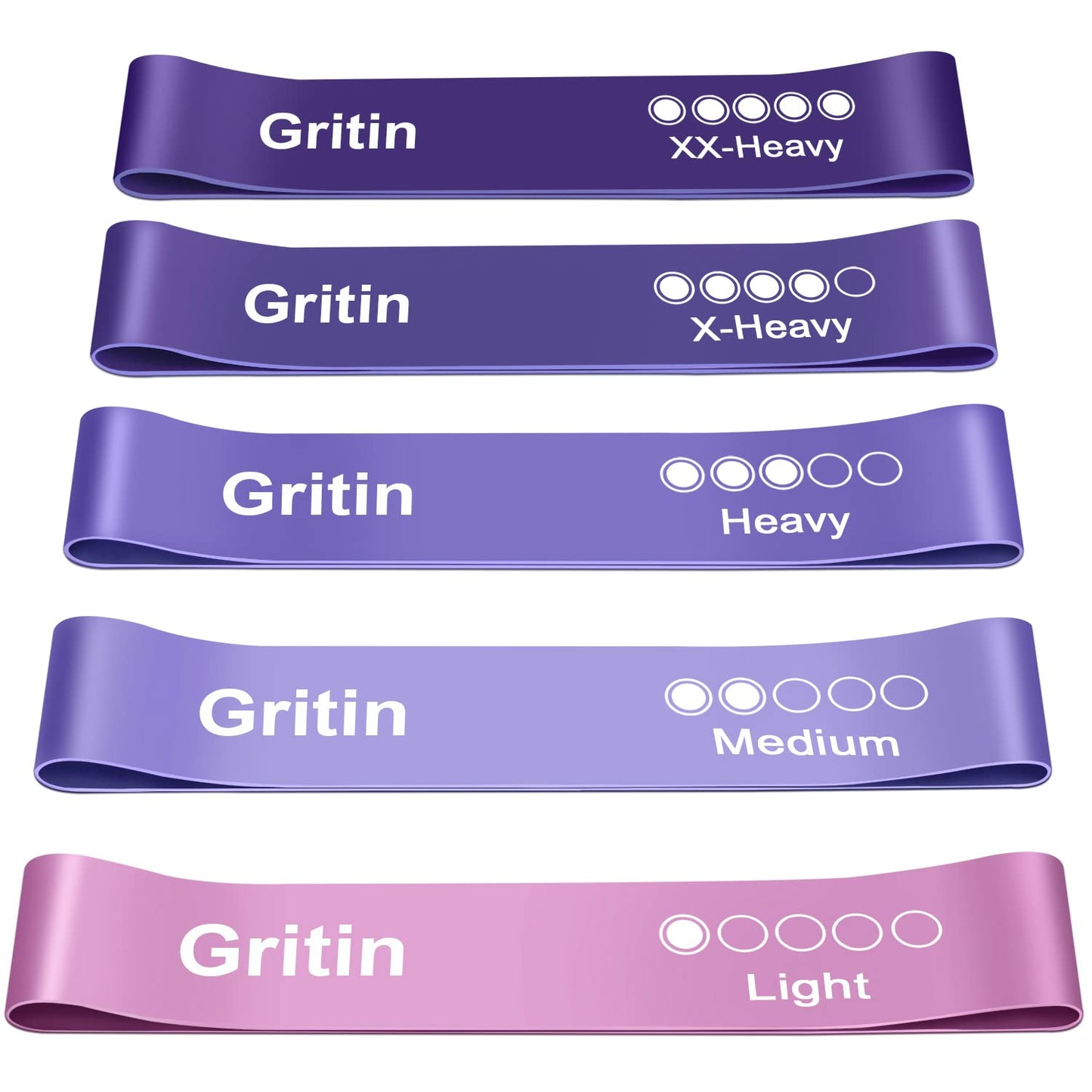 Gritin Fitnessbänder Widerstandsbänder mit 5 Stufen, Latex Fitnessband Resistance mit Deutscher Übungsanleitung & Tragebeutel, Gymnastikband für Muskelaufbau, Yoga - 5er Set