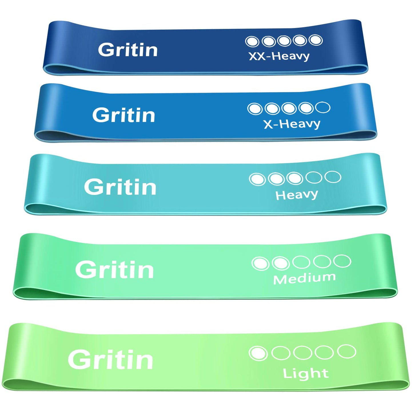 Gritin Fitnessbänder Widerstandsbänder mit 5 Stufen, Latex Fitnessband Resistance mit Deutscher Übungsanleitung & Tragebeutel, Gymnastikband für Muskelaufbau, Yoga - 5er Set