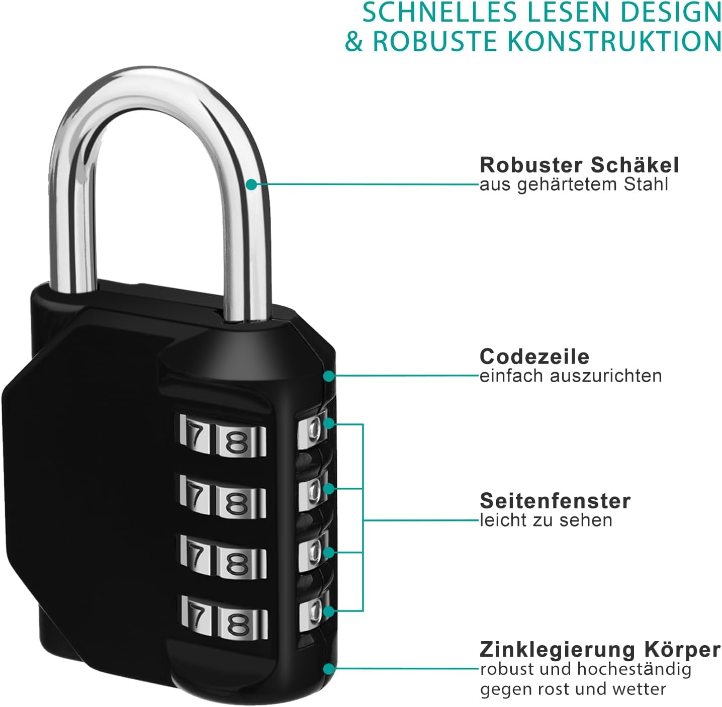 ZHEGE Vorhängeschloss Zahlenschloss Spind Fitnessstudio, 4 Stellig Zahlencode Schloss, Vorhängeschloß, Kombinationsschloss, Nummernschloss Wetterfest für Kellertür, Gartenzäunen (Schwarz)