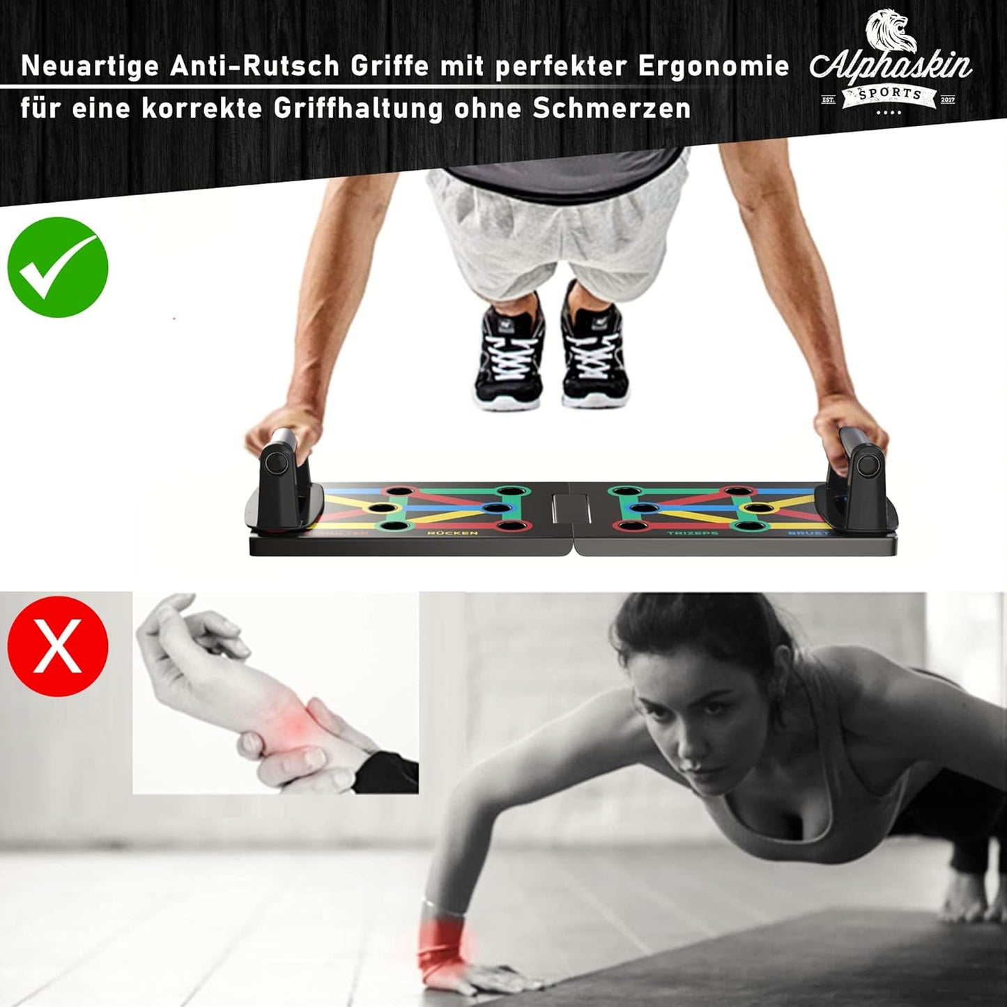 ALPHASKIN Premium Liegestützbrett Set I Verbessertes Konzept 2023 I Liegestützgriffe Homeworkout I 9 in 1 Push Up Bar I Homegym I Fitnessgeräte für Zuhause