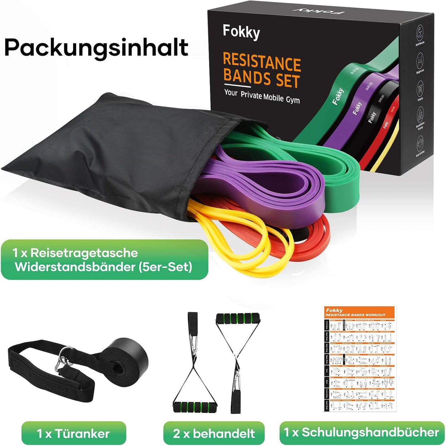Fokky Fitnessbänder Widerstandsbänder mit 5 Stufen, Resistance Bands mit Türanker, 2*Griffen, Übungsanleitung&Tragebeutel, Gymnastikband Klimmzugband Fitnessband für Muskelaufbau,Yoga,Pilates 5er Set