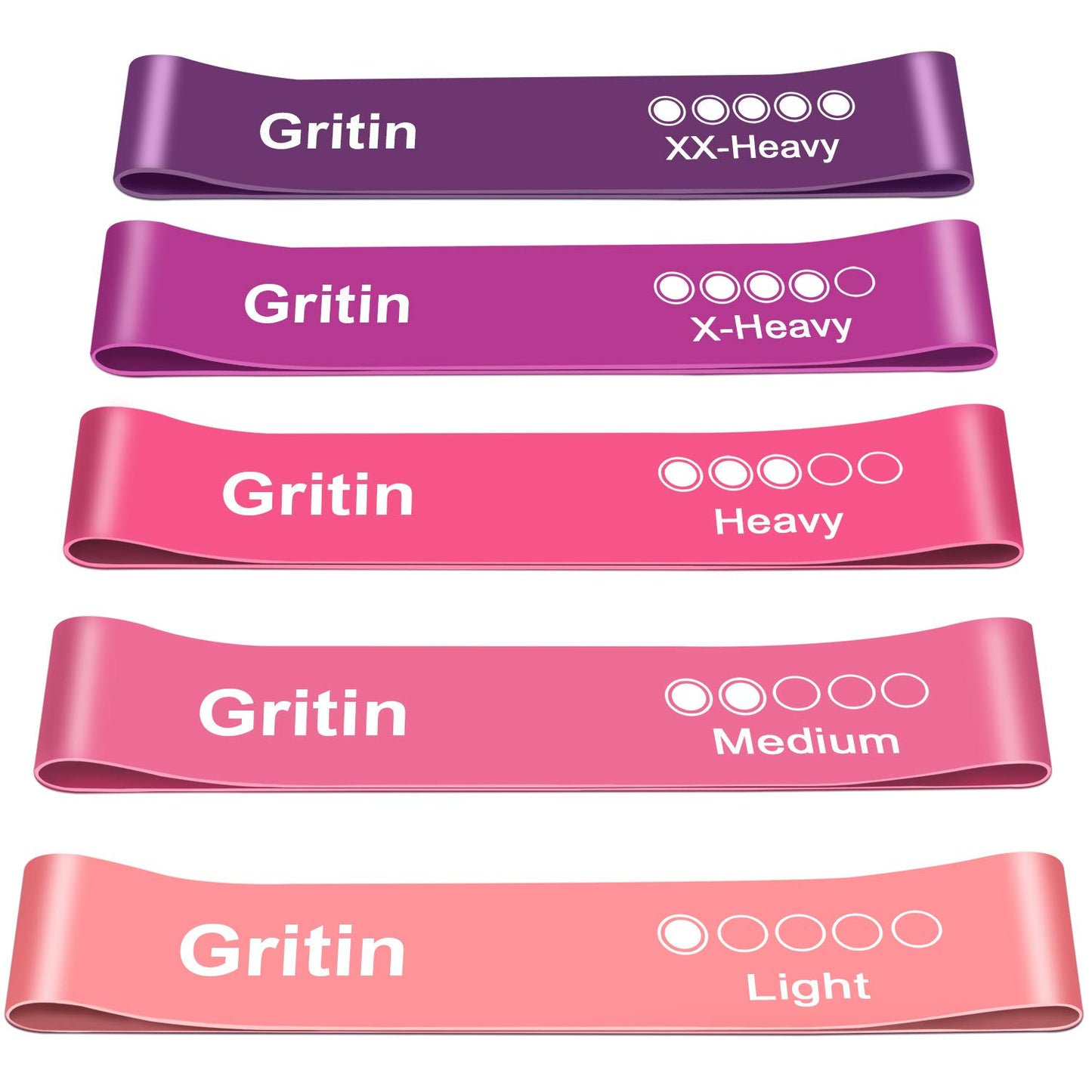 Gritin Fitnessbänder Widerstandsbänder mit 5 Stufen, Latex Fitnessband Resistance mit Deutscher Übungsanleitung & Tragebeutel, Gymnastikband für Muskelaufbau, Yoga - 5er Set