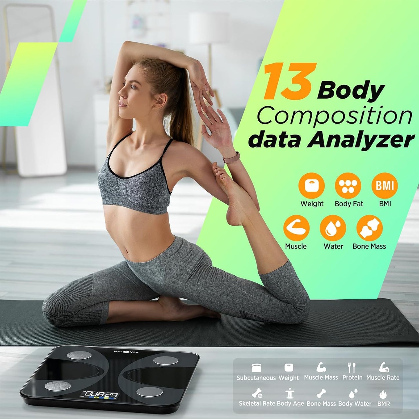 RunSTAR Körperfettwaage, Personenwaage Digitale mit großem Display, Analysator für 13 essentielle Körperwerte, mit App-Synchronisierung