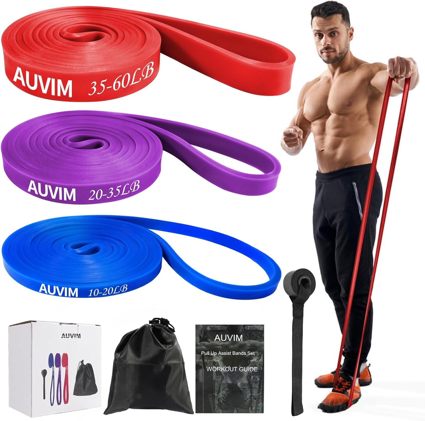 AUVIM Widerstandsbänder Set Fitnessbänder 3 verschiedene Stufen von Widerstandsbändern für Krafttraining, Stretching, Calisthenics, Cross-Fitness, Pilates, Yoga, inklusive Türanker-Aufbewahrungstasche