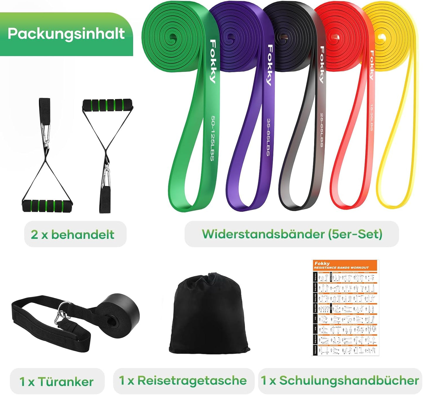 Fokky Fitnessbänder Widerstandsbänder mit 5 Stufen, Resistance Bands mit Türanker, 2*Griffen, Übungsanleitung&Tragebeutel, Gymnastikband Klimmzugband Fitnessband für Muskelaufbau,Yoga,Pilates 5er Set