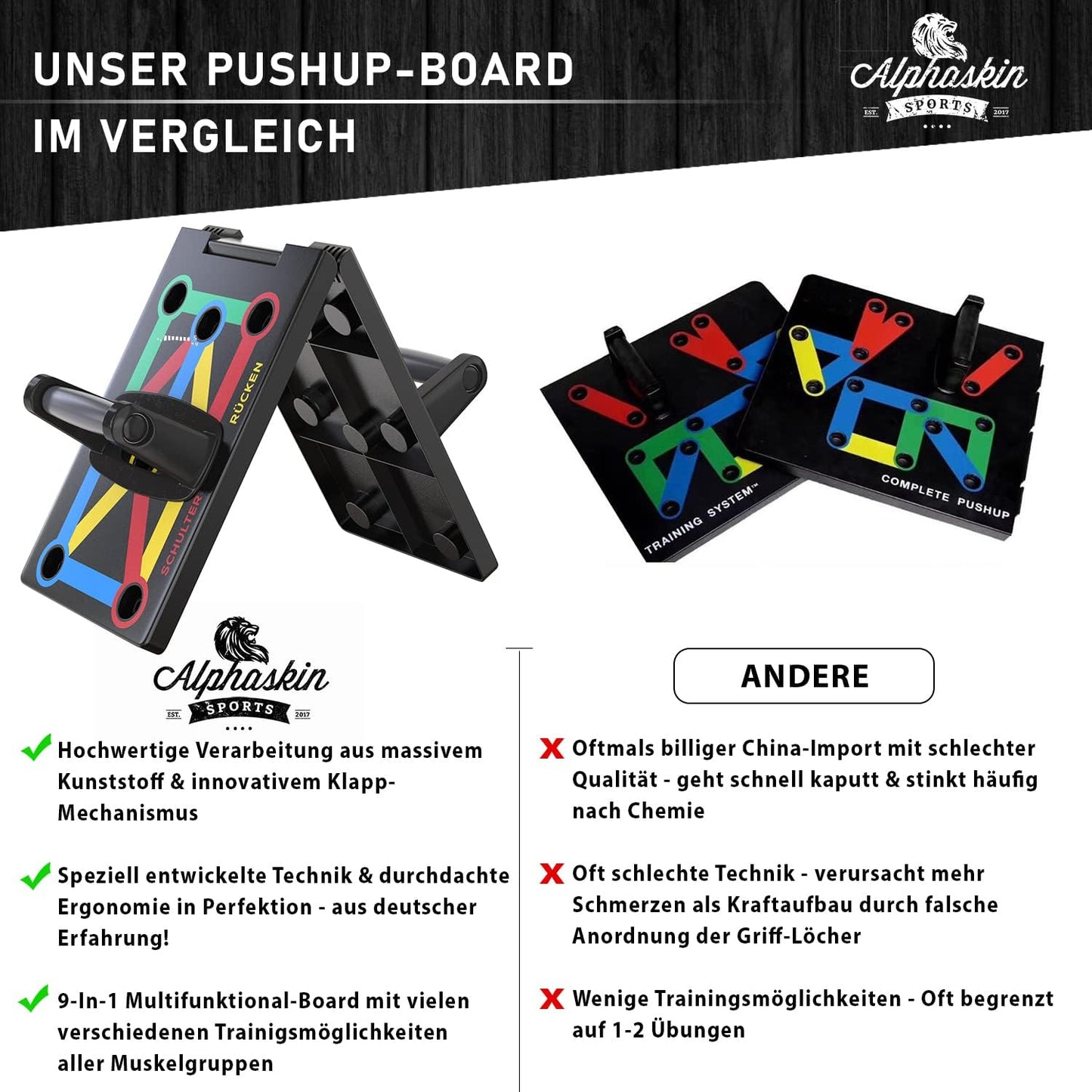 ALPHASKIN Premium Liegestützbrett Set I Verbessertes Konzept 2023 I Liegestützgriffe Homeworkout I 9 in 1 Push Up Bar I Homegym I Fitnessgeräte für Zuhause