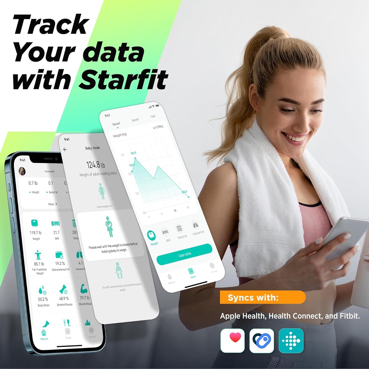 RunSTAR Körperfettwaage, Personenwaage Digitale mit großem Display, Analysator für 13 essentielle Körperwerte, mit App-Synchronisierung