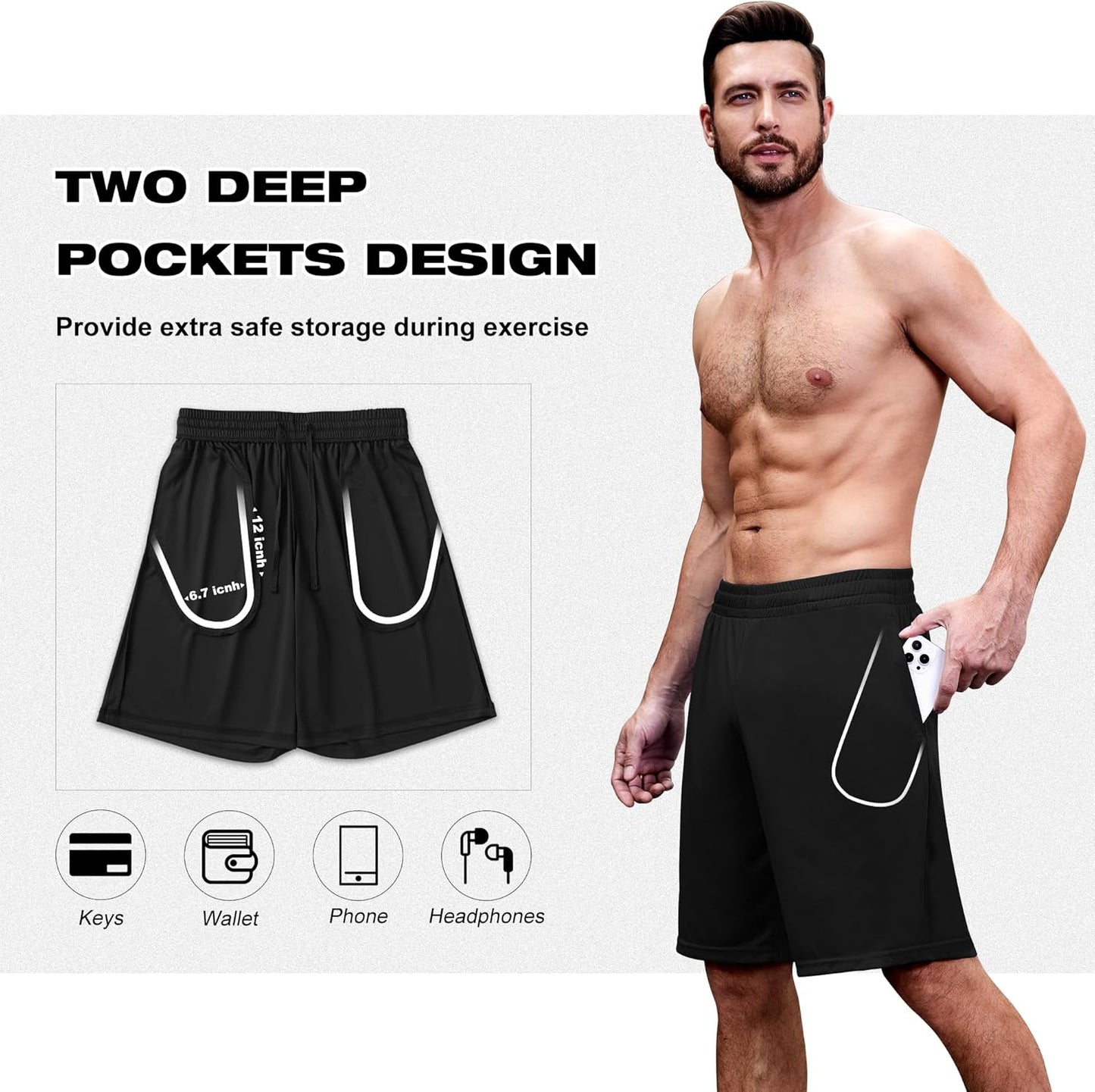 miijoory 3/5er Pack Sporthose Herren Kurz Hosen Sport Shorts mit Taschen Schnell Trocknend Trainingshose Laufhose für Gym Basketball Fitness