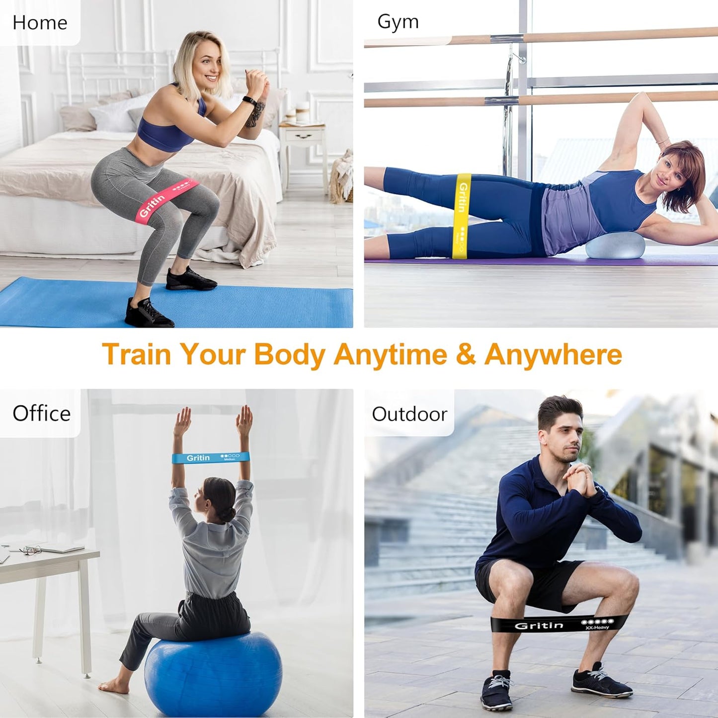 Gritin Fitnessbänder Widerstandsbänder mit 5 Stufen, Latex Fitnessband Resistance mit Deutscher Übungsanleitung & Tragebeutel, Gymnastikband für Muskelaufbau, Yoga - 5er Set
