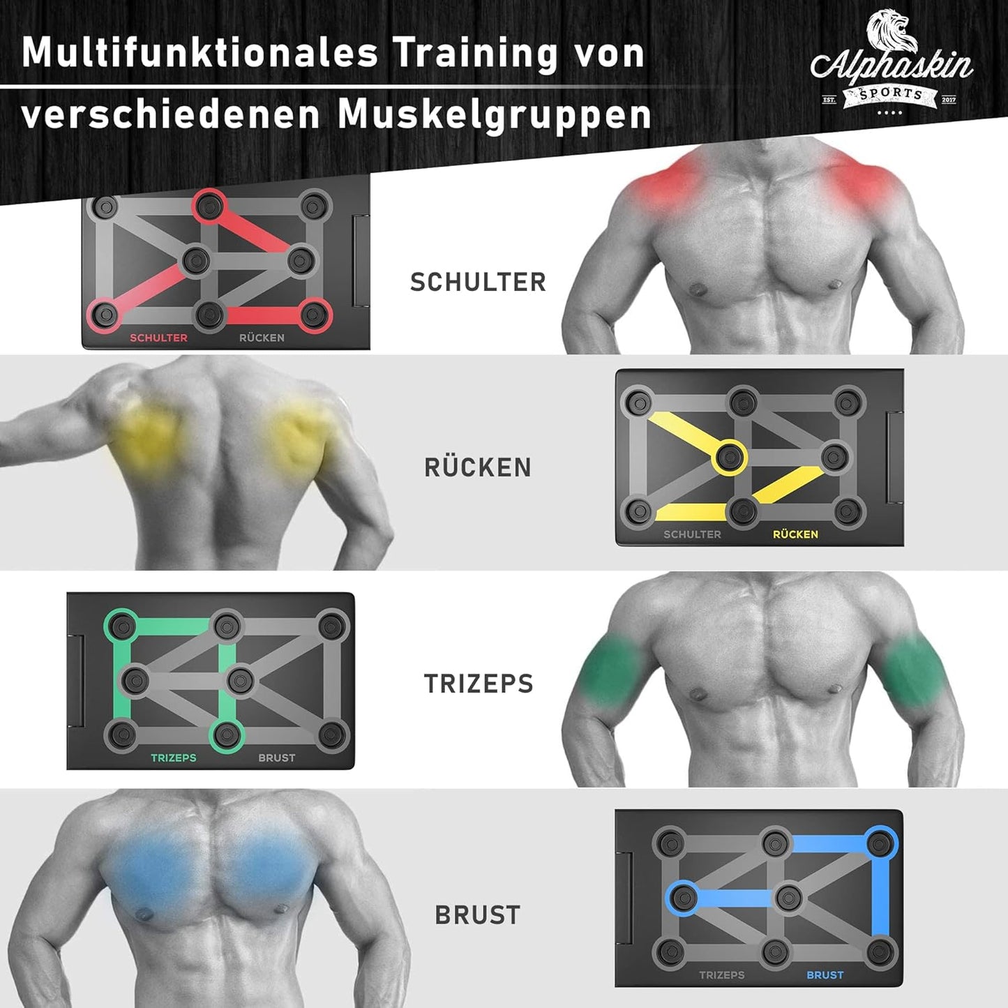 ALPHASKIN Premium Liegestützbrett Set I Verbessertes Konzept 2023 I Liegestützgriffe Homeworkout I 9 in 1 Push Up Bar I Homegym I Fitnessgeräte für Zuhause