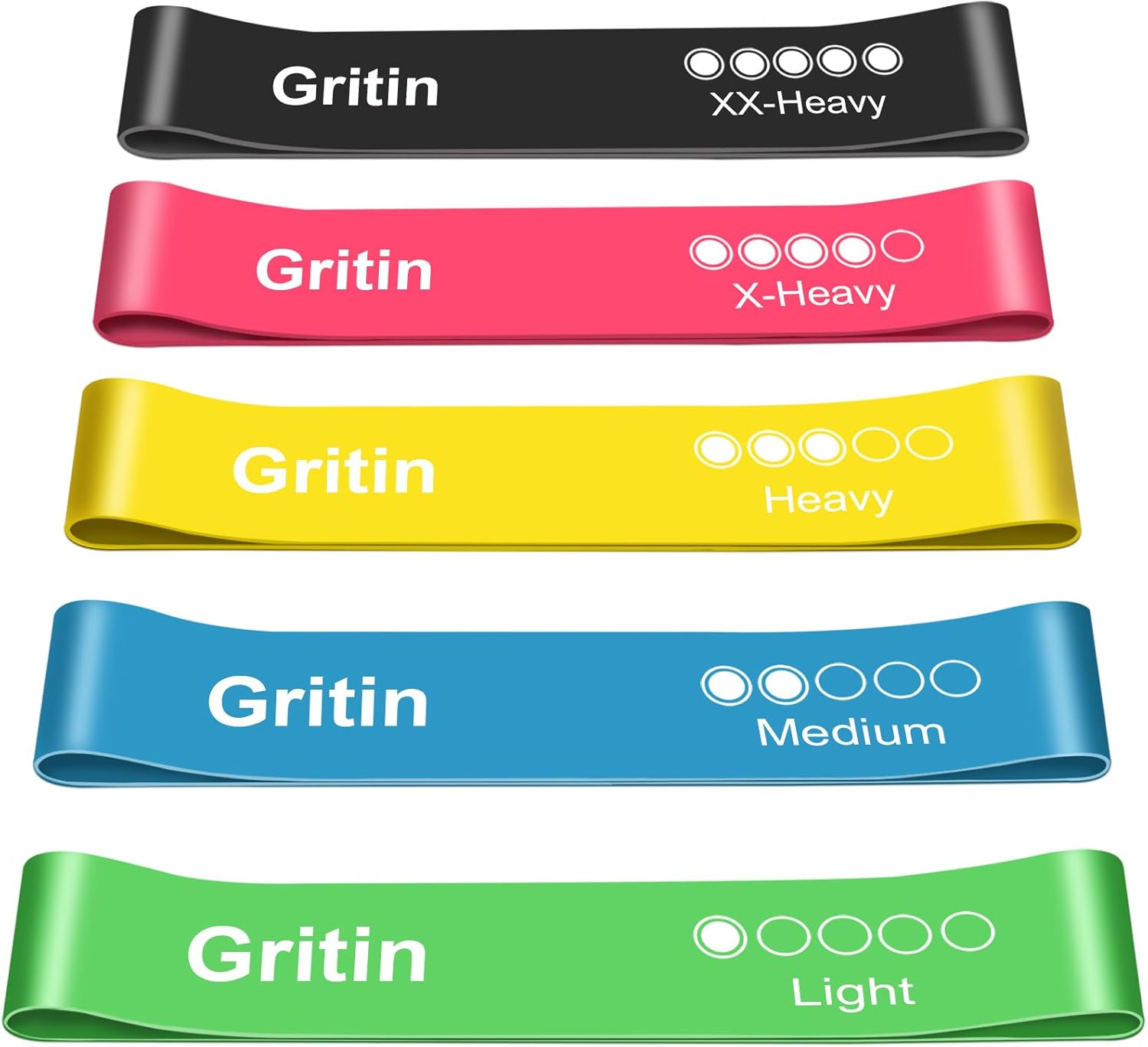 Gritin Fitnessbänder Widerstandsbänder mit 5 Stufen, Latex Fitnessband Resistance mit Deutscher Übungsanleitung & Tragebeutel, Gymnastikband für Muskelaufbau, Yoga - 5er Set