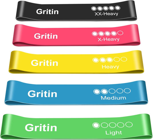 Gritin Fitnessbänder Widerstandsbänder mit 5 Stufen, Latex Fitnessband Resistance mit Deutscher Übungsanleitung & Tragebeutel, Gymnastikband für Muskelaufbau, Yoga - 5er Set