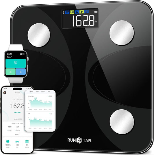 RunSTAR Körperfettwaage, Personenwaage Digitale mit großem Display, Analysator für 13 essentielle Körperwerte, mit App-Synchronisierung