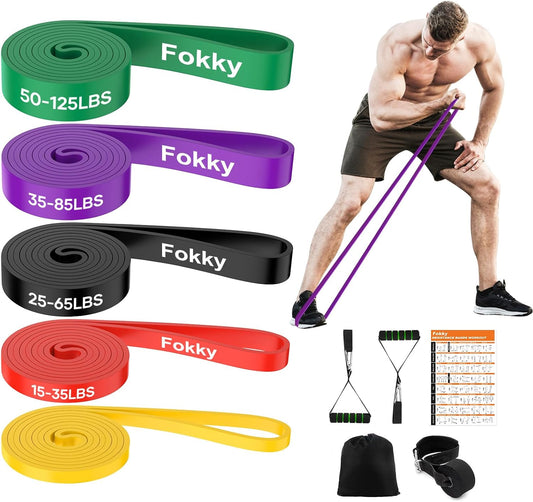 Fokky Fitnessbänder Widerstandsbänder mit 5 Stufen, Resistance Bands mit Türanker, 2*Griffen, Übungsanleitung&Tragebeutel, Gymnastikband Klimmzugband Fitnessband für Muskelaufbau,Yoga,Pilates 5er Set