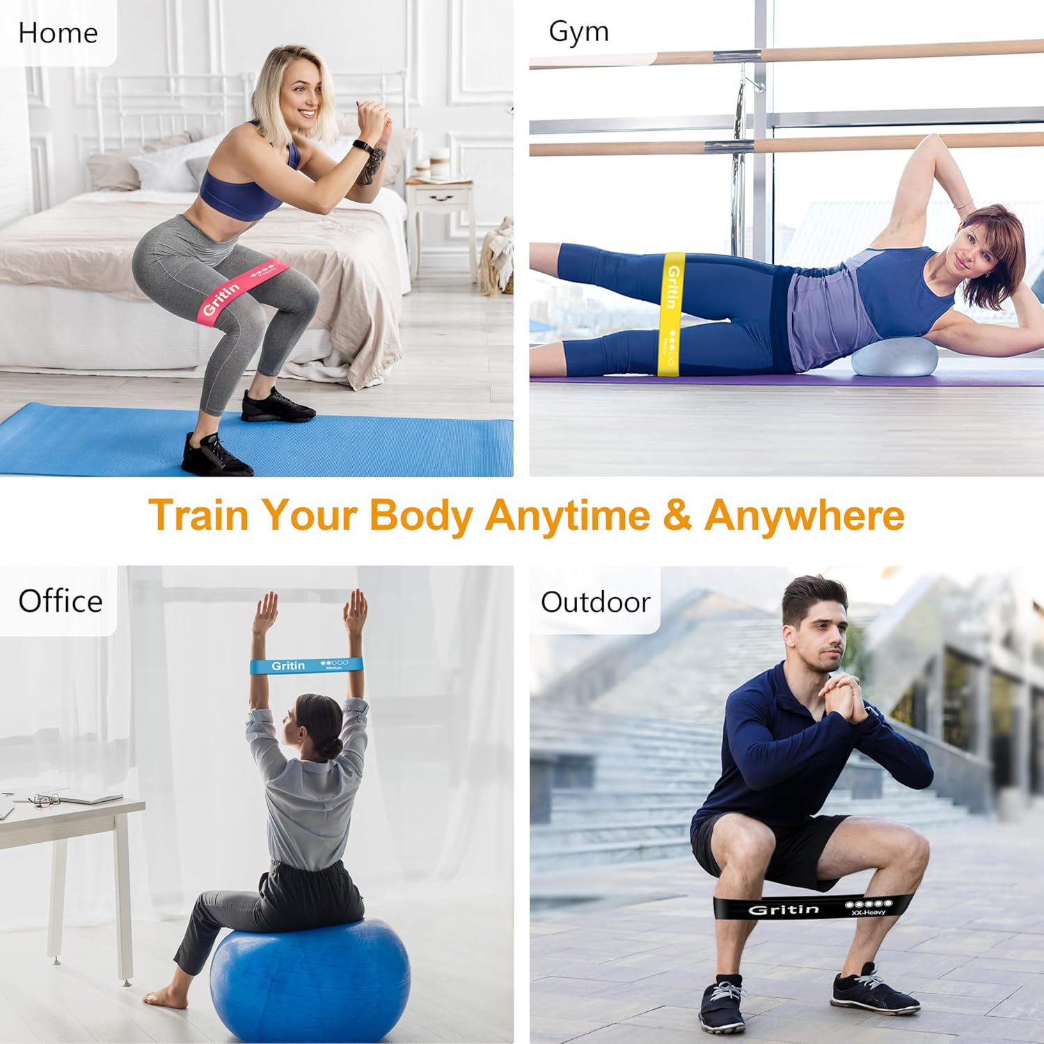 Gritin Fitnessbänder Widerstandsbänder mit 5 Stufen, Latex Fitnessband Resistance mit Deutscher Übungsanleitung & Tragebeutel, Gymnastikband für Muskelaufbau, Yoga - 5er Set